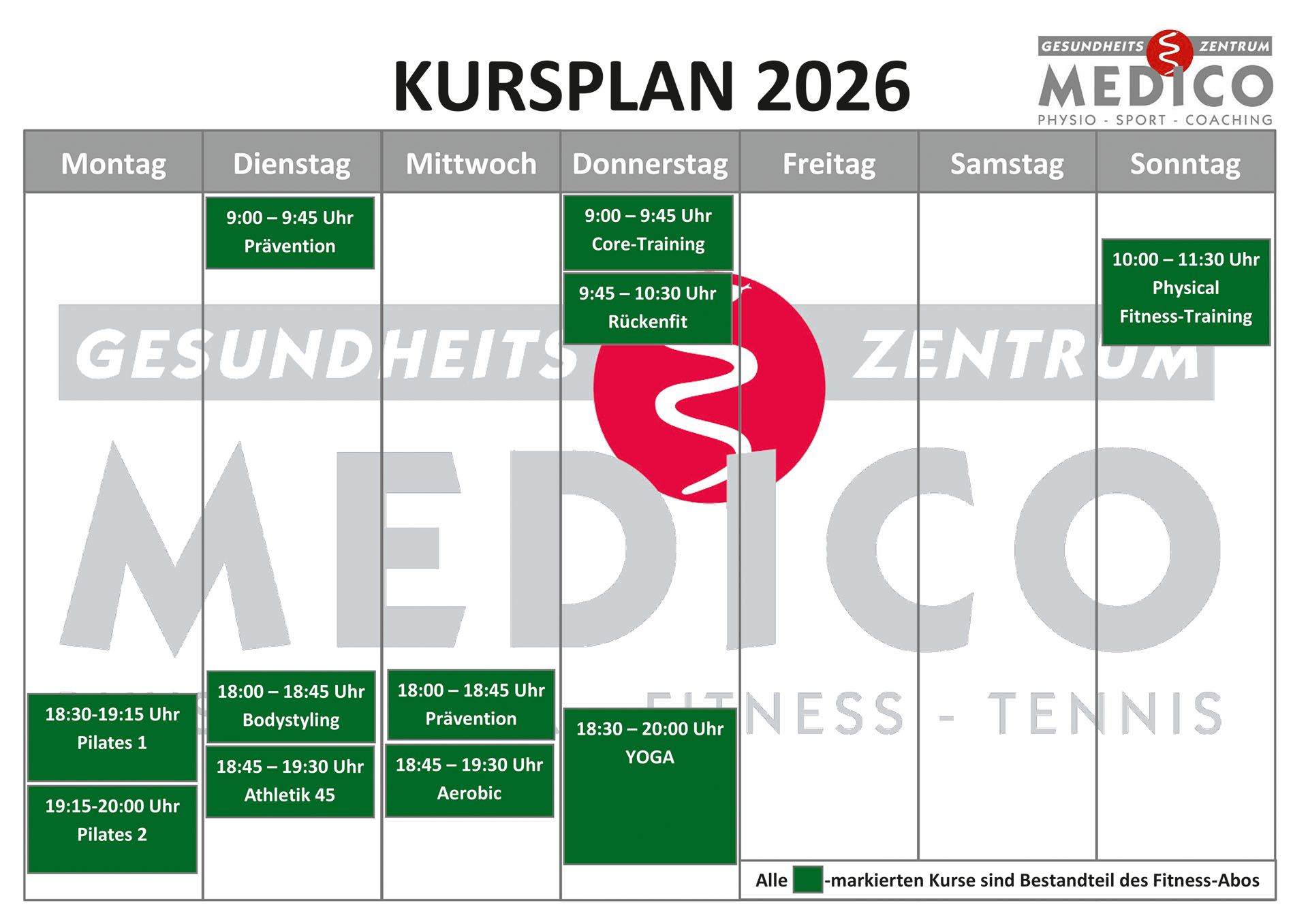 MEDICO Gesundheitszentrum Kursplan 2026